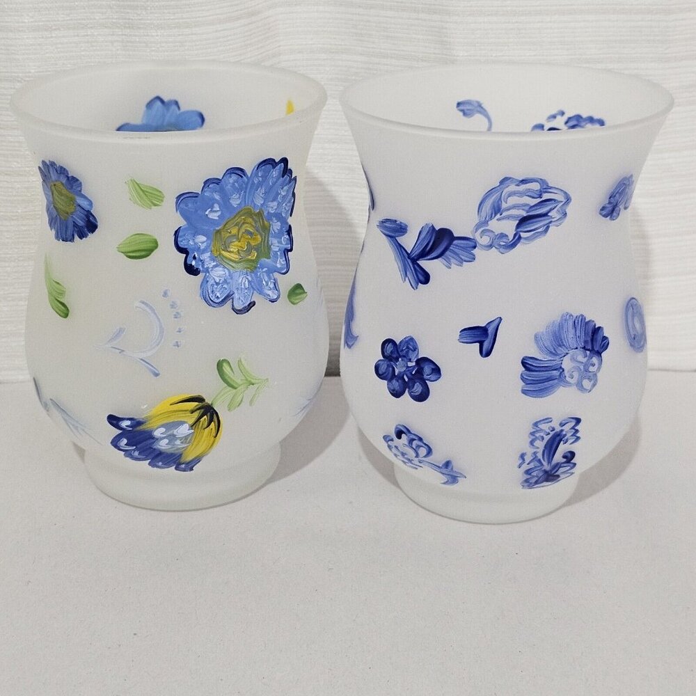 2 Hallmark Handpainted Hurricane Candle Holders 5" includes votives blue yellow - Picture 6 of 7